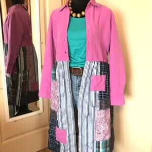 Boho Patchwork Duster Dress, S-M: Upcycled Pink Bohemian Layering Outerwear